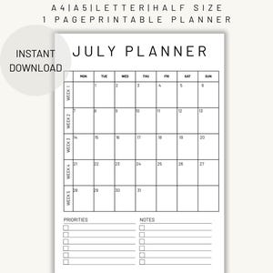 Calendario de julio de 2025, planificador imprimible de julio, calendario de tareas, calendario digital de julio, tamaño carta, descarga digital imprimible, calendario de julio