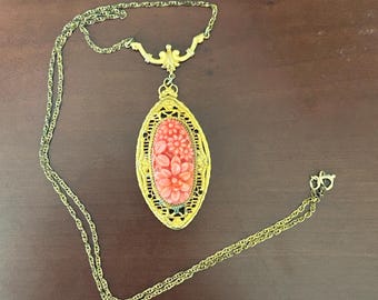 Vintage Faux Coral Necklace, Carved Floral Molded Cameo Pendant, 1970s Victorian Revival Gold Filigree Statement, Romantic Boho Gift