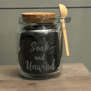 Custom Etched Glass Jar with Cork Lid & Wooden Spoon | Bath Salt Container, Loose Leaf Tea Canister, Spice Jar with Scoop