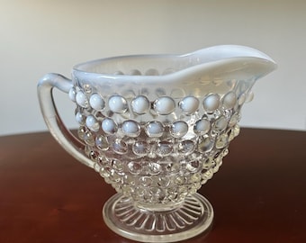 Vintage Fenton White Opalescent Hobnail Creamer, French Opalescent Glass Mini Pitcher, Footed Milk Glass Creamer