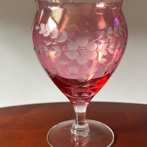 May include: A translucent pink glass goblet featuring a clear glass stem and circular base. The bowl of the goblet is decorated with an etched floral pattern consisting of a central flower surrounded by delicate leafy vine motifs.