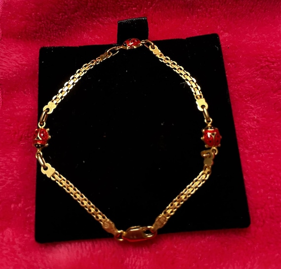 Vintage 14K Yellow Gold Ladybug Bracelet - 7" Enamel Lucky Charm Bracelet, 1980s Retro Fine Jewelry
