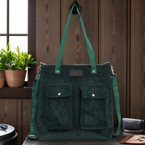 Grand sac fourre-tout en velours côtelé fait main Evercarry avec plusieurs poches et fermeture éclair | Sacs fourre-tout / trousse de maquillage / sac bandoulière en toile pour ordinateur portable