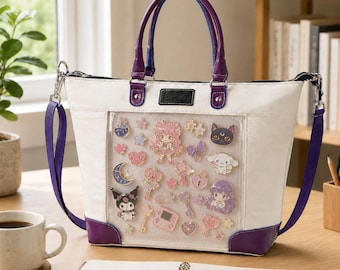 Torba EverCarry Ita Canvas Tote, torba na ramię z ozdobą z motywem anime, torebka crossbody z fioletowym wykończeniem, torba na książkę dla nauczyciela, codzienna torebka