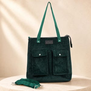 Forest Green Corduroy Tote Bag, Large Multi-Pocket Work Bag with Crossbody Strap
