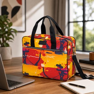 Könnte beinhalten: Bunte Laptoptasche mit abstraktem Design in Rot, Gelb und Blau. Die Tasche hat schwarze Griffe, einen Schultergurt und einen Reißverschluss. Sie steht auf einem Holzschreibtisch neben einem Laptop und einem Notizblock.
