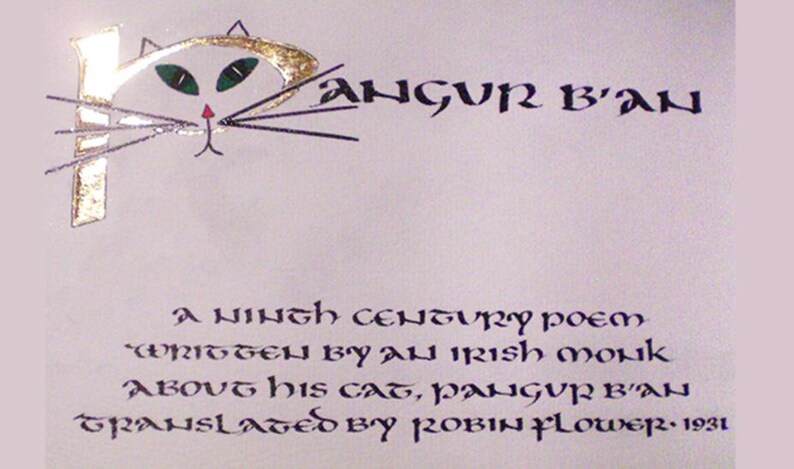 May include: A handwritten poem about a cat named "Angur B'an" written in black ink on a white background. The poem is framed by a gold-leaf illustration of a cat's head with green eyes.