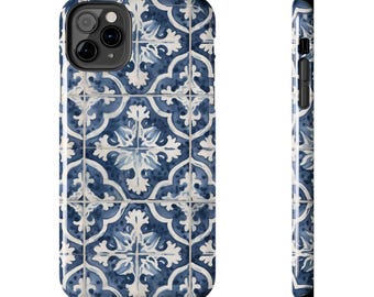 May include: A blue and white phone case with a geometric tile pattern. The case is designed for an iPhone.