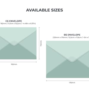 May include: Two envelope sizes with measurements in inches and millimeters. The envelopes are light green and have a flap.
