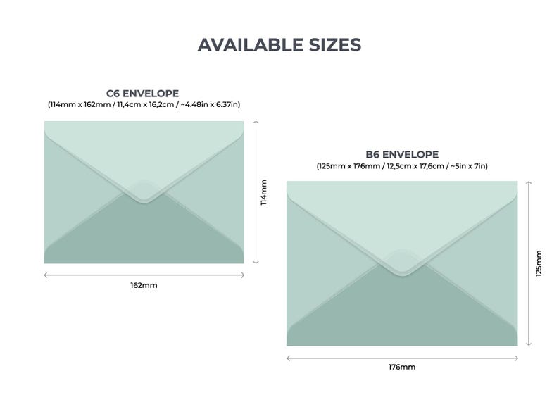 May include: Two envelope sizes with measurements in inches and millimeters. The envelopes are light green and have a flap.