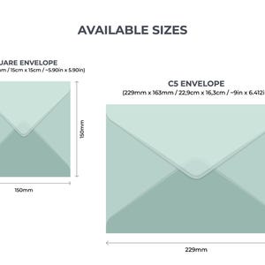 May include: Diagram showing two envelope sizes: a square envelope measuring 5.90 inches by 5.90 inches and a C5 envelope measuring 9 inches by 6.412 inches.