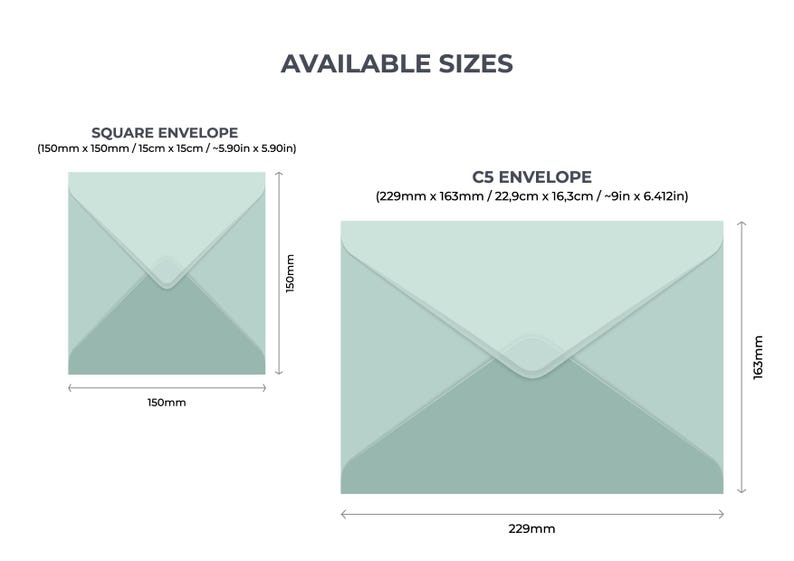 May include: Diagram showing two envelope sizes: a square envelope measuring 5.90 inches by 5.90 inches and a C5 envelope measuring 9 inches by 6.412 inches.