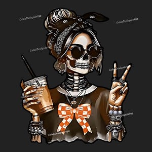 Esqueleto vintage con colores reconfortantes para café (Png), calavera con moño desordenado (Png), calavera (Png), regalo para amantes del café, esqueleto divertido (Png), Halloween (Png)