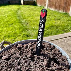 May include: A black plant marker with the word "STRAWBERRY" written on it. The marker has a red heart-shaped strawberry on top.