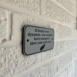 K&ouml;nnte beinhalten: Ein graues, rechteckiges Schild mit abgerundeten Ecken ist an einer wei&szlig;en Backsteinmauer befestigt. Der Text auf dem Schild lautet: &bdquo;Wenn Gehirne Dynamit w&auml;ren, h&auml;ttest du nicht genug, um dir die Nase zu putzen.&ldquo;