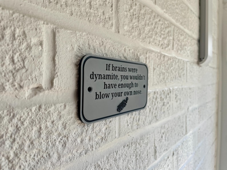 K&ouml;nnte beinhalten: Ein graues, rechteckiges Schild mit abgerundeten Ecken ist an einer wei&szlig;en Backsteinmauer befestigt. Der Text auf dem Schild lautet: &bdquo;Wenn Gehirne Dynamit w&auml;ren, h&auml;ttest du nicht genug, um dir die Nase zu putzen.&ldquo;