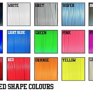 May include: A chart showing 15 different colors of filament for 3D printing. The colors are: black, white, grey, silver, bronze, deep blue, light blue, green, pink, purple, deep red, red, orange, yellow, and light khaki.