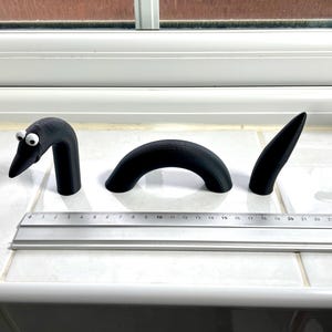 May include: A black 3D printed worm with googly eyes. The worm is segmented and is about 25 inches long.