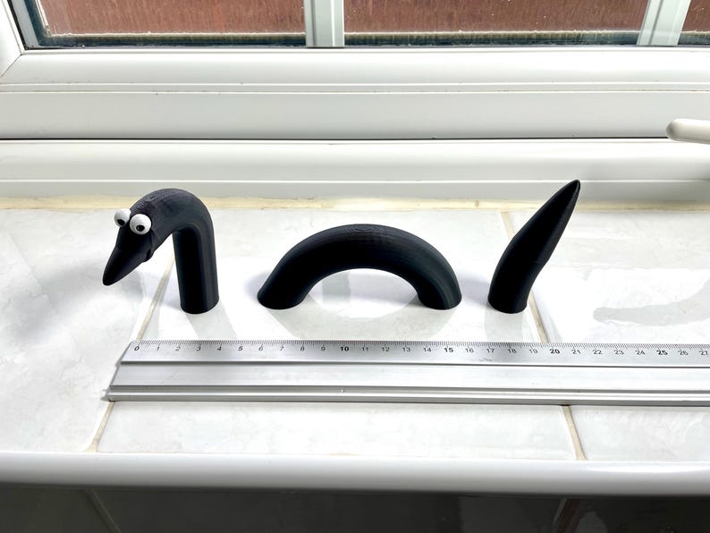 May include: A black 3D printed worm with googly eyes. The worm is segmented and is about 25 inches long.
