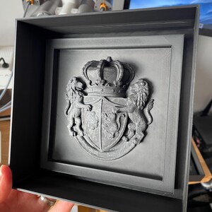 May include: A framed, gray relief sculpture of a coat of arms. The crest features a crown, shield, and two lions. The frame is a simple, dark gray box. The artwork is likely a decorative piece.