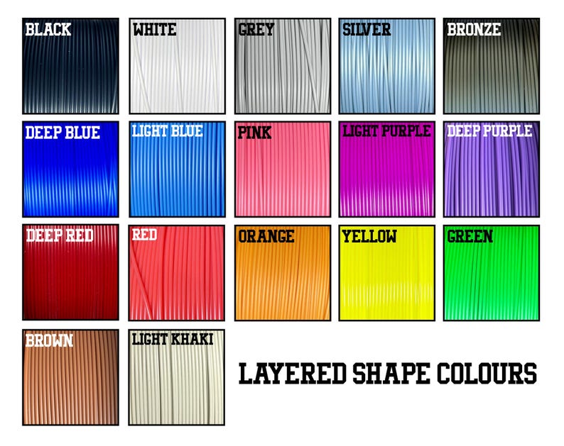 May include: A chart showing 16 different colors of filament for 3D printing. The colors are arranged in four rows of four. The colors are: black, white, grey, silver, bronze, deep blue, light blue, pink, light purple, deep purple, deep red, red, orange, yellow, green, brown, and light khaki.