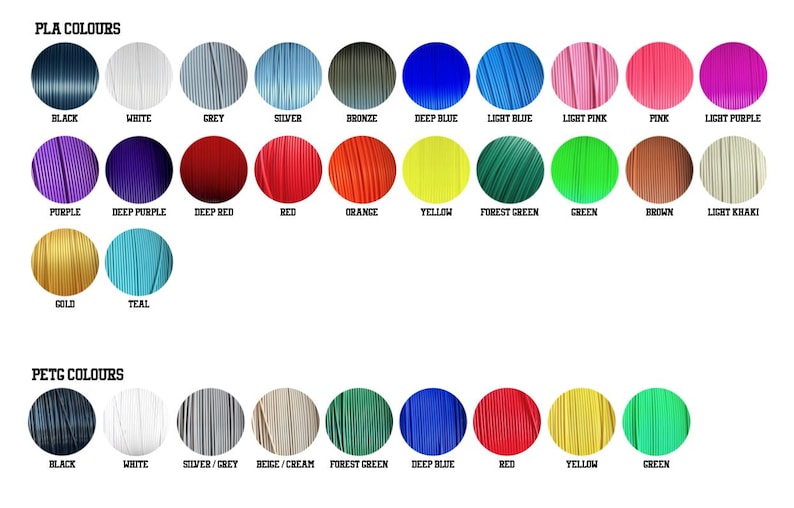 May include: A color chart featuring PLA and PETG colors. The PLA colors include black, white, grey, silver, bronze, deep blue, light blue, light pink, pink, light purple, purple, deep purple, deep red, red, orange, yellow, forest green, green, brown, light khaki, gold, and teal.