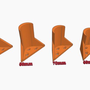 May include: Four orange plastic corner brackets of different sizes. The brackets are 50mm, 60mm, 70mm, and 60mm in size.