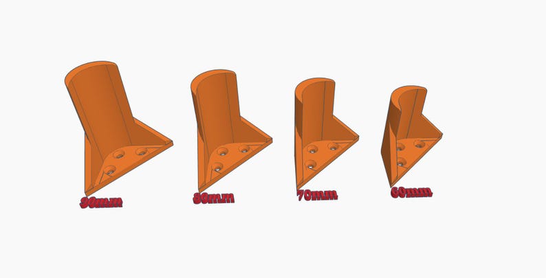 May include: Four orange plastic corner brackets of different sizes. The brackets are 50mm, 60mm, 70mm, and 60mm in size.