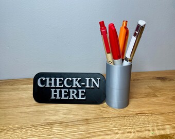 Reception Check-in / Sign-in here sign and pen pot | Hotel front desk | Event check in | Office item | Visitor book | Business welcome |