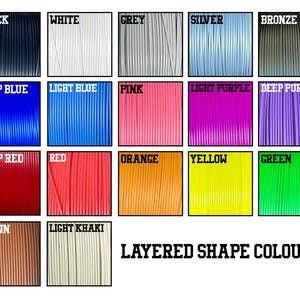 May include: A chart displaying 16 different filament colours for 3D printing. The colours are arranged in four rows of four. The colours are: black, white, grey, silver, bronze, deep blue, light blue, pink, light purple, deep purple, deep red, red, orange, yellow, green, brown, and light khaki.