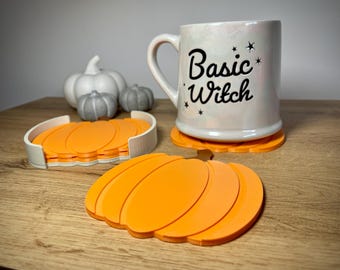 Pumpkin Coaster Set with Holder | Fall Decor Autumn Drink Coasters | Halloween Table Decor | Cute Pumpkin Coasters | Set of 4