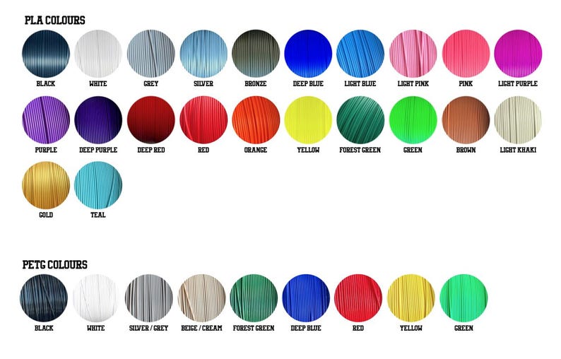 May include: A color chart featuring PLA and PETG colors. The PLA colors include black, white, grey, silver, bronze, deep blue, light blue, light pink, pink, light purple, purple, deep purple, deep red, red, orange, yellow, forest green, green, brown, light khaki, gold, and teal.