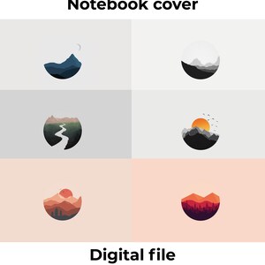 Peut inclure: Ensemble de six couvertures de carnet numérique avec des illustrations minimalistes de montagnes, une rivière, un croissant de lune et un coucher de soleil. Les illustrations sont de forme circulaire et sont disposées sur un fond blanc, gris ou pêche.