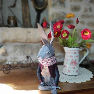 Handmade Aristocrat Rabbit Art Doll – Mixed Media Sculpture – 50 cm Collectible Boudoir Doll – Whimsical  Rabbit