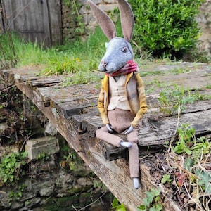 Unique Art Doll Rabbit Aristocrat Mixed Media Sculpture. Adorable Boudoir Bunny Doll - Collectible Housewarming.