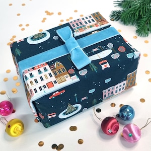 Furoshiki Wrapping Cloth / Reusable Gift Wrap / Fabric Gift Wrap / Sustainable Wrap - Cute Santas Village Christmas Designs