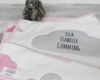Custom baby quilt / personalised with embroidered name / PINK CLOUDS