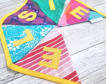 Name bunting / personalised bunting / BRIGHT COLOUR fabric bunting flags - in pink, green, purple, red, blue, yellow
