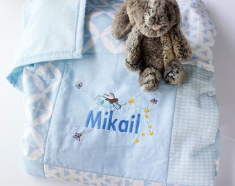 Baby blanket / personalised with embroidered name / BLUE FAIRY DESIGN