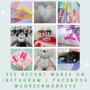 May include: A collage of handmade items including a heart-shaped pillow with the text "Love Nana XXX", a patchwork quilt with the word "Alice", a teddy bear with a red and white jersey, a pink and white fabric banner with the letter "R", and a black and white dog.