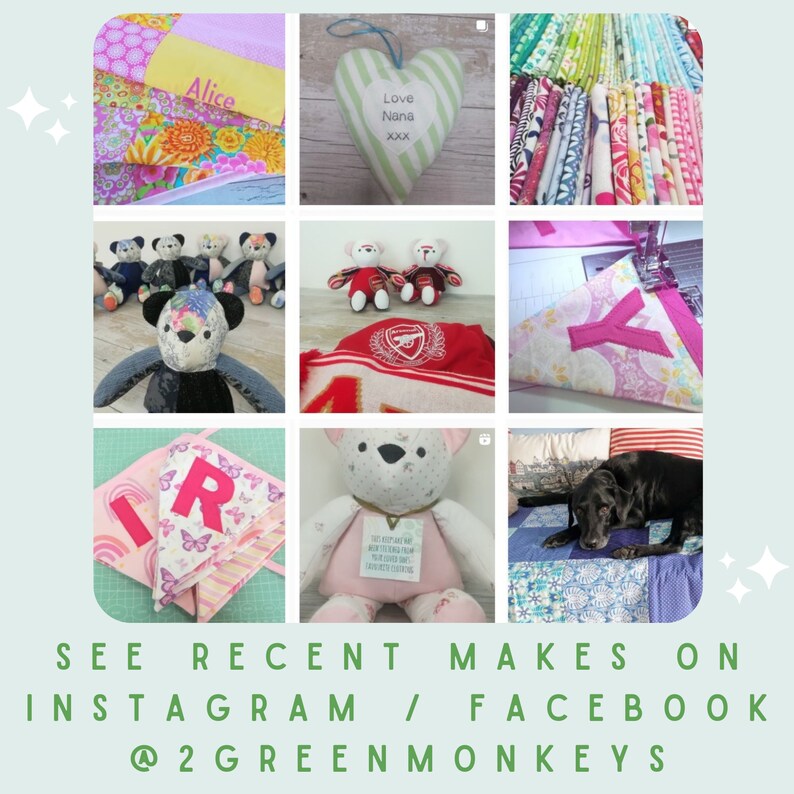 May include: A collage of handmade items including a heart-shaped pillow with the text "Love Nana XXX", a patchwork quilt with the word "Alice", a teddy bear with a red and white jersey, a pink and white fabric banner with the letter "R", and a black and white dog.