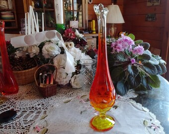 Beautiful Orange & Amber Murano Style Large Vintage Stretch Glass Artware Vase, Tall and Heavy