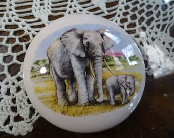 A Treasured African Elephant & Her Calf!  on a 4 Inch Ceramic Button /Jewelry/Paperclip Box