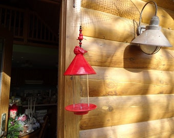 Bright Red Hanging Ceramic Bird Feeder