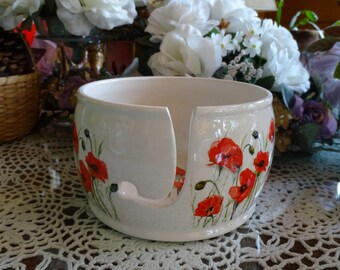 Bright Red Orange Poppies! Ceramic Yarn Bowl / Yarn Holder