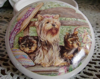 Yorkie Mom & Pups on a 4 Inch Ceramic Button /Jewelry/Paperclip Box