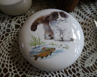 Kitty and the Catfish! on a 5 Inch Ceramic Button /Jewelry/Paperclip Box