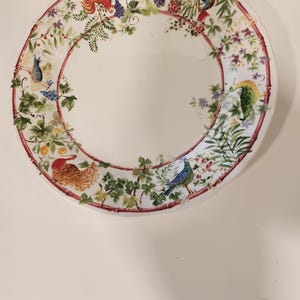 May include: A white ceramic plate with a decorative border featuring colorful birds, grapes, and floral elements. The rim has a red and brown border. The plate is a decorative piece for serving or display.
