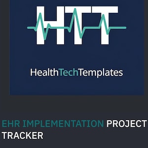 Peut inclure: Un ordinateur portable affiche une feuille de calcul avec des graphiques. L'image présente également un carré bleu foncé avec le texte "HTT" et "HealthTechTemplates". En dessous, on lit "EHR IMPLEMENTATION PROJECT TRACKER".