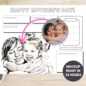 Página para colorear con mensaje del Día de la Madre / Hoja para colorear A4 personalizada con tu foto / Actividad personalizada del Día de la Madre para niños